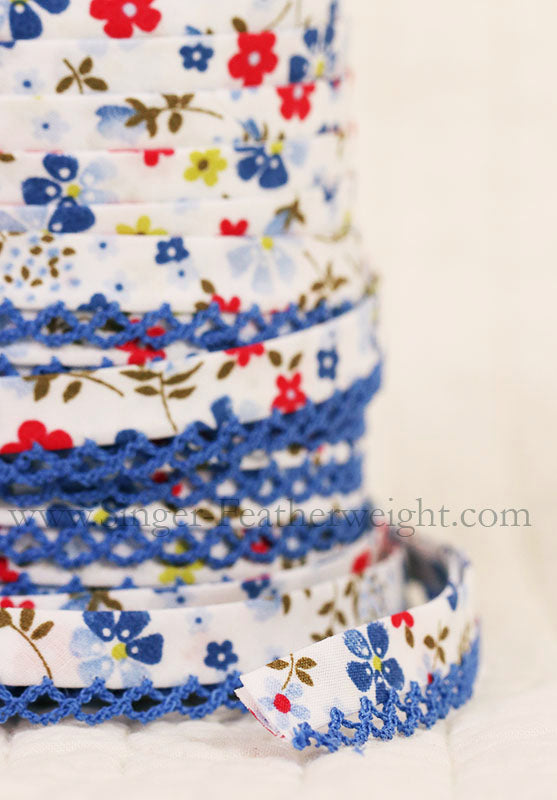 LACE BIAS TAPE, BLUE FLORAL Double Fold Crochet Edge (by the yard)