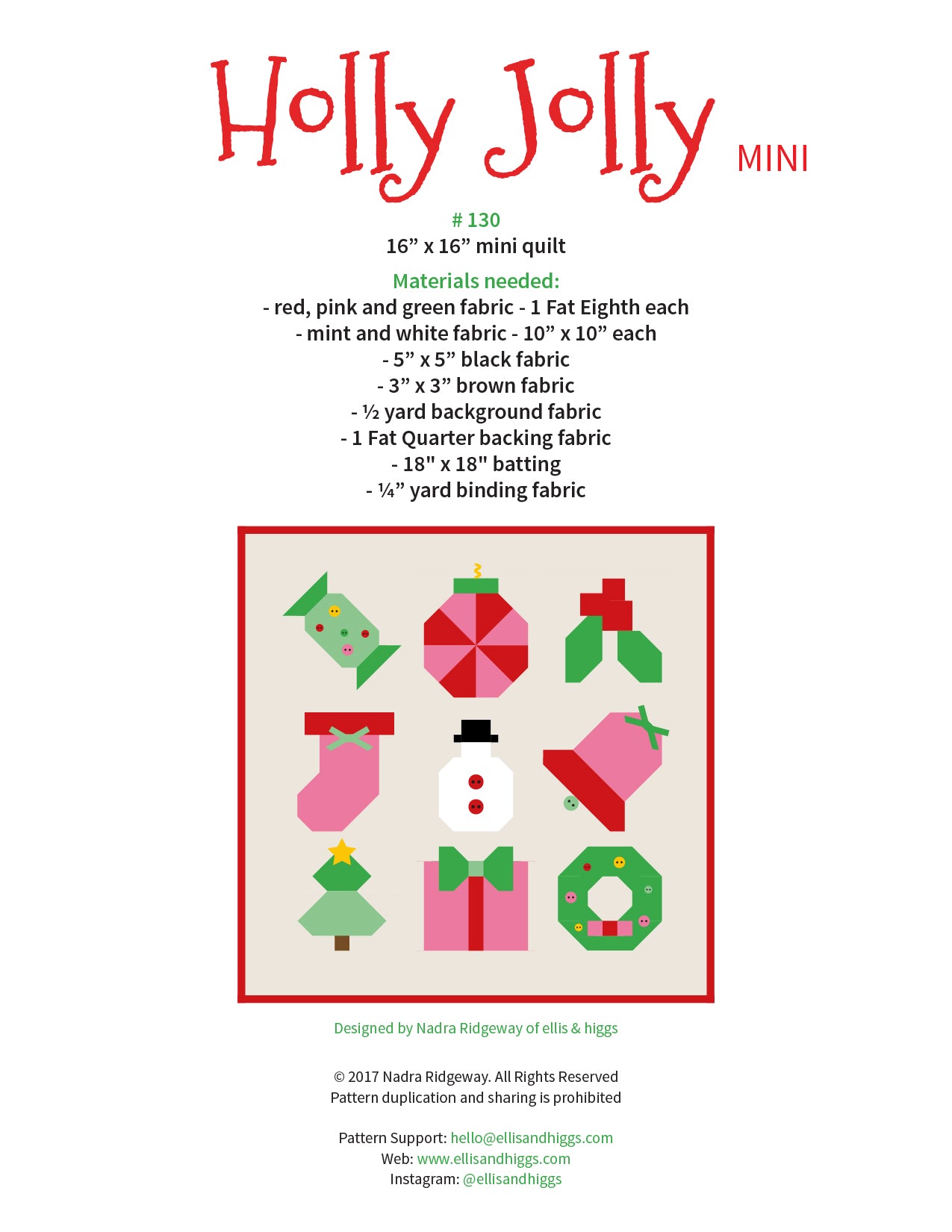 Pattern, Holly Jolly Christmas MINI Quilt by Ellis & Higgs (digital download)