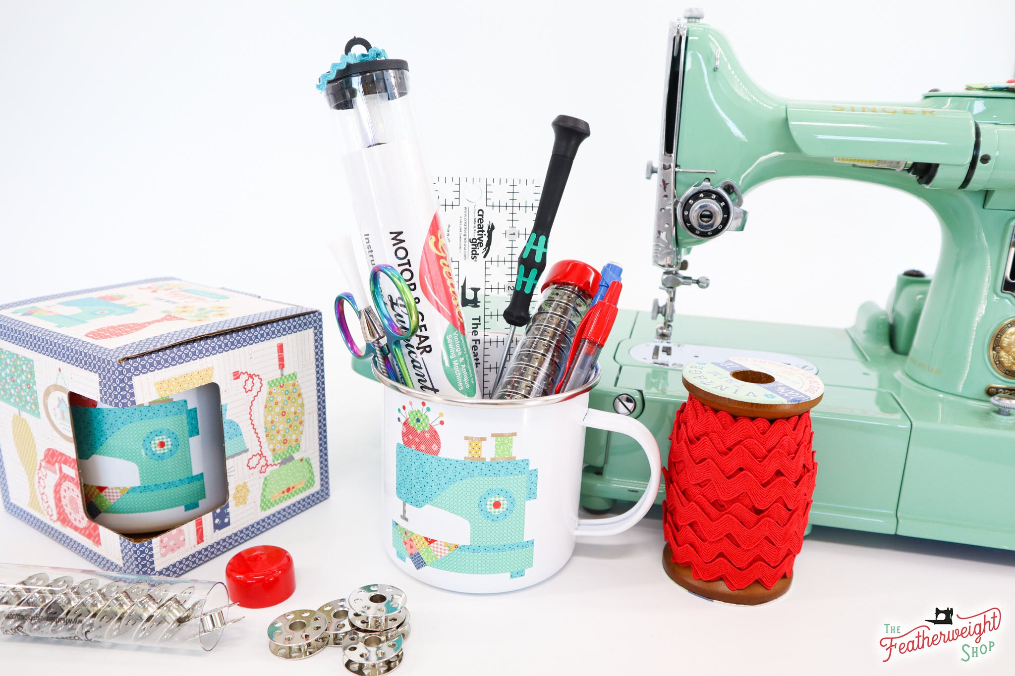 Mug, Vintage Happy 2 Sewing Machine Enamel Tin Mug by Lori Holt of Bee in my Bonnet