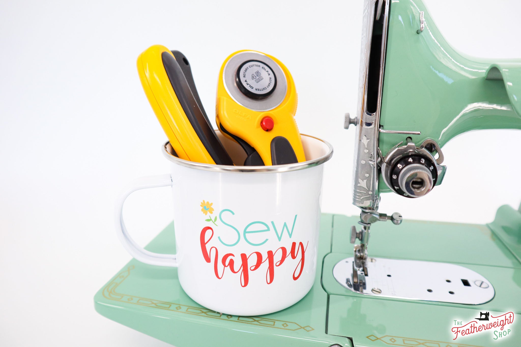 Mug, Vintage Happy 2 Sewing Machine Enamel Tin Mug by Lori Holt of Bee in my Bonnet