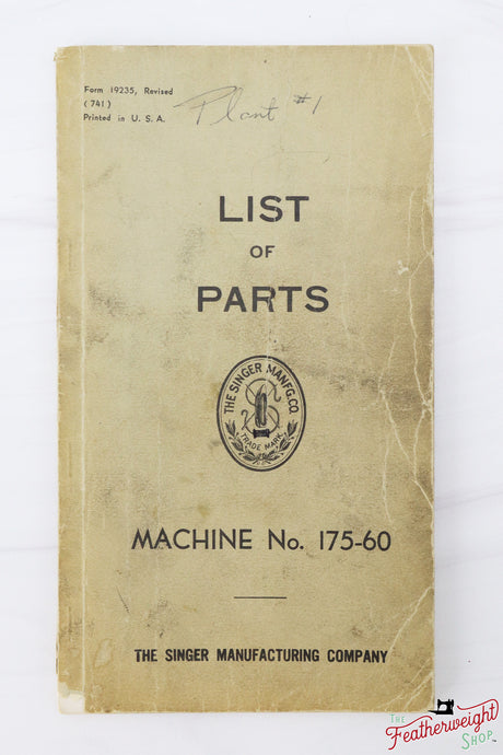 List of Parts Book, Singer 175-60, 1941 (Vintage Original) - RARE