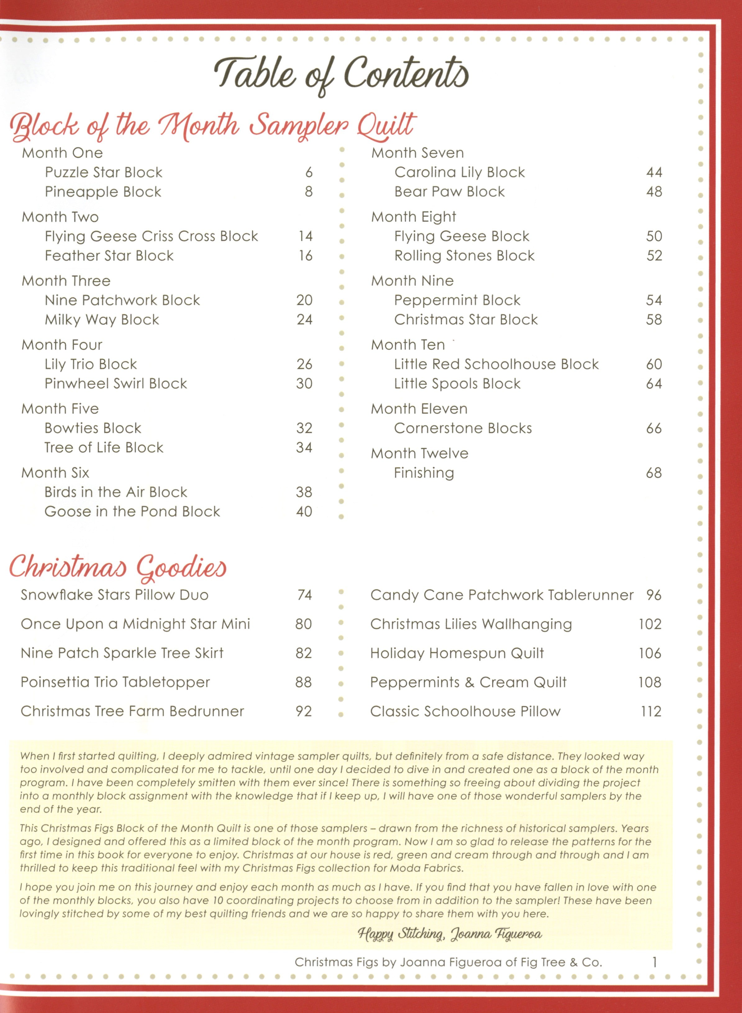 PATTERN BOOK, Christmas Figs Block of the Month Sampler Quilt by Fig Tree & Co.