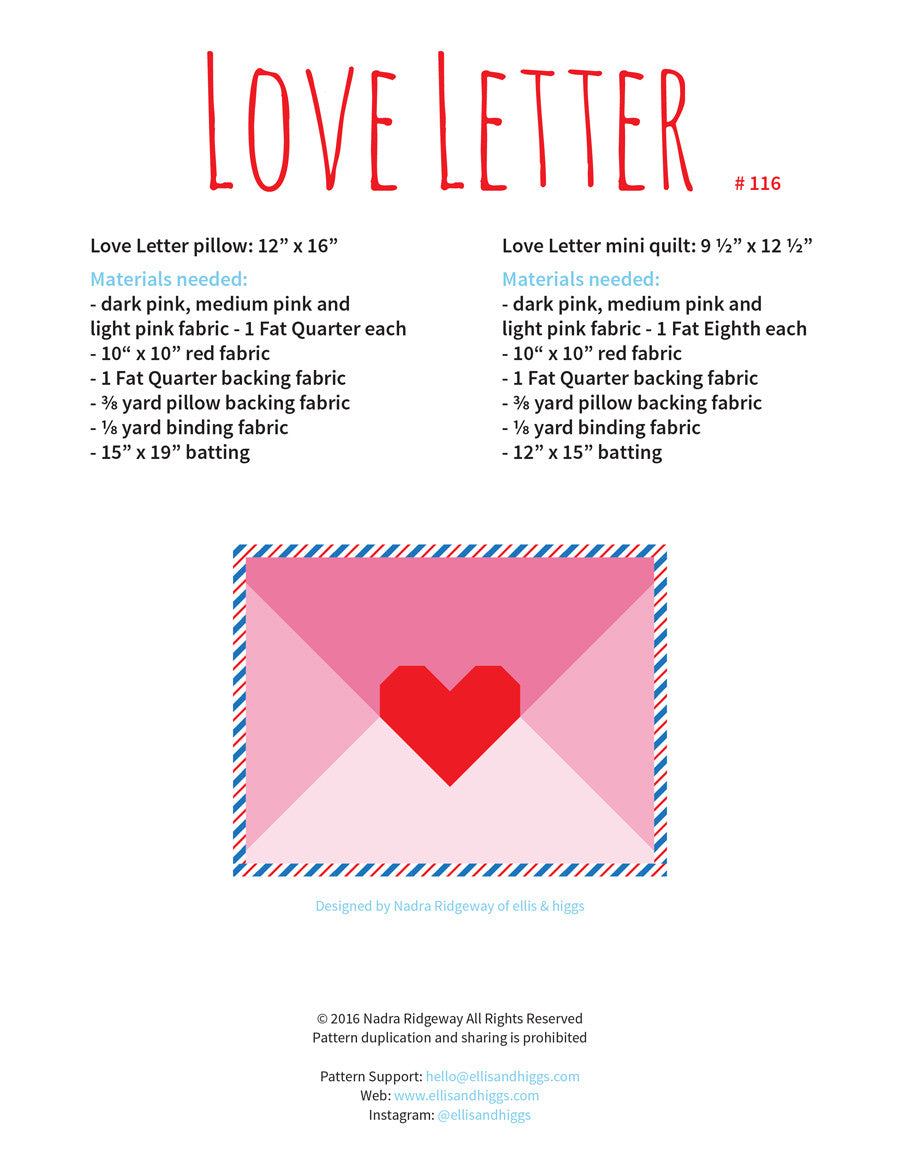 Pattern, Love Letter Pillow Cover / MINI Quilt by Ellis & Higgs (digital download)