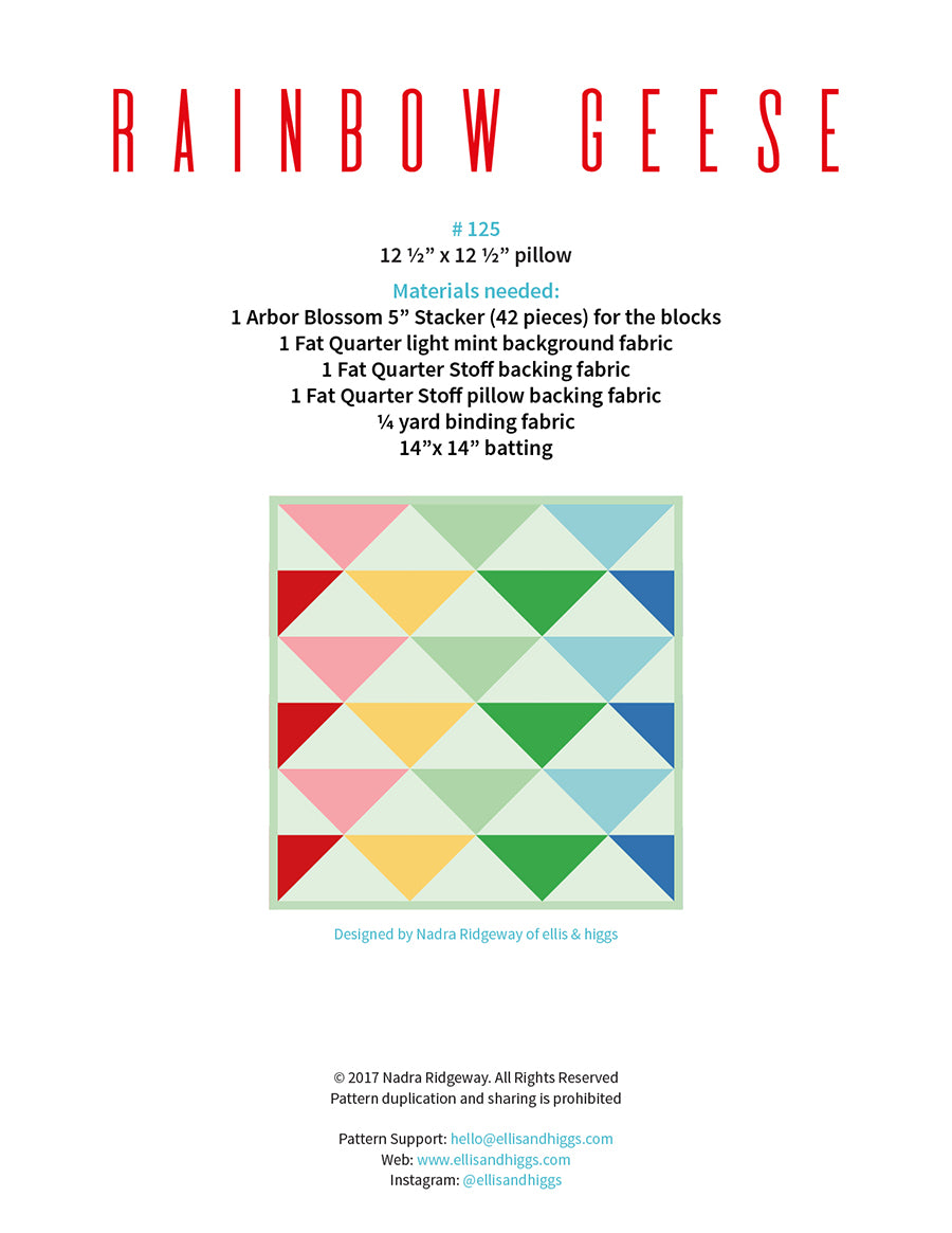 Pattern, Rainbow Geese Pillow Cover / MINI Quilt by Ellis & Higgs (digital download)