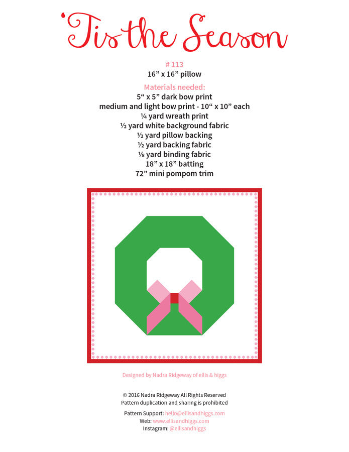 Pattern, Tis The Season Pillow Cover / MINI Quilt by Ellis & Higgs (digital download)