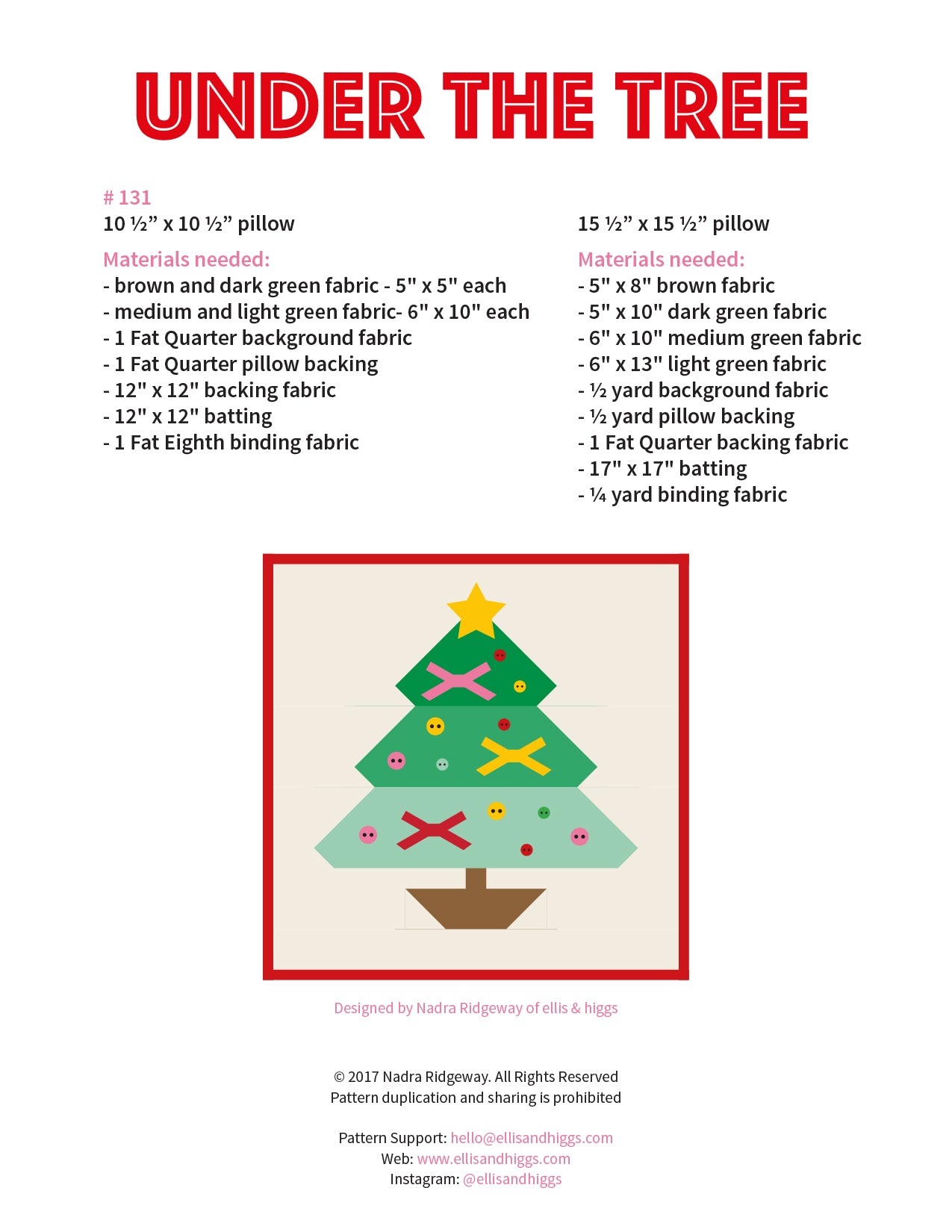 Pattern, Under The Tree Pillow Cover / MINI Quilt by Ellis & Higgs (digital download)