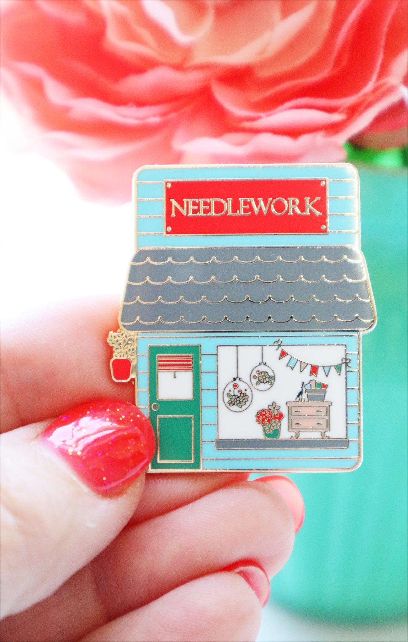 Needlework shop enamel pin