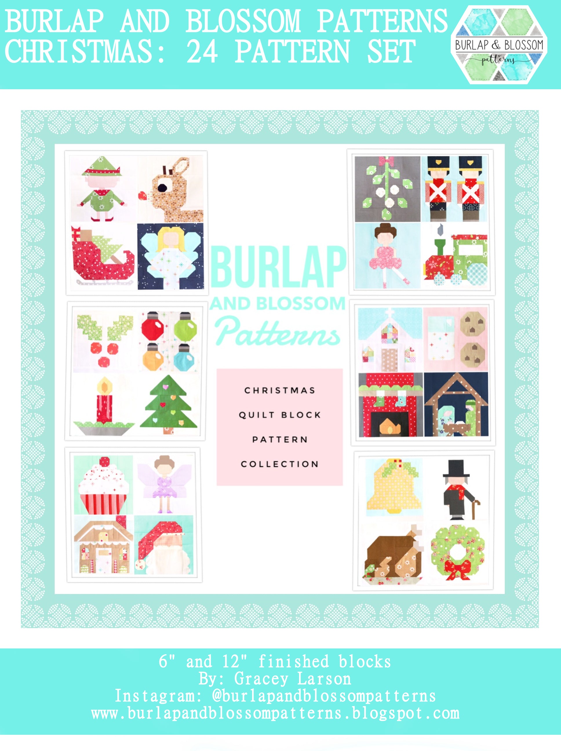 Pattern SET, Christmas Themed Quilt Blocks by Burlap and Blossom (digital download)