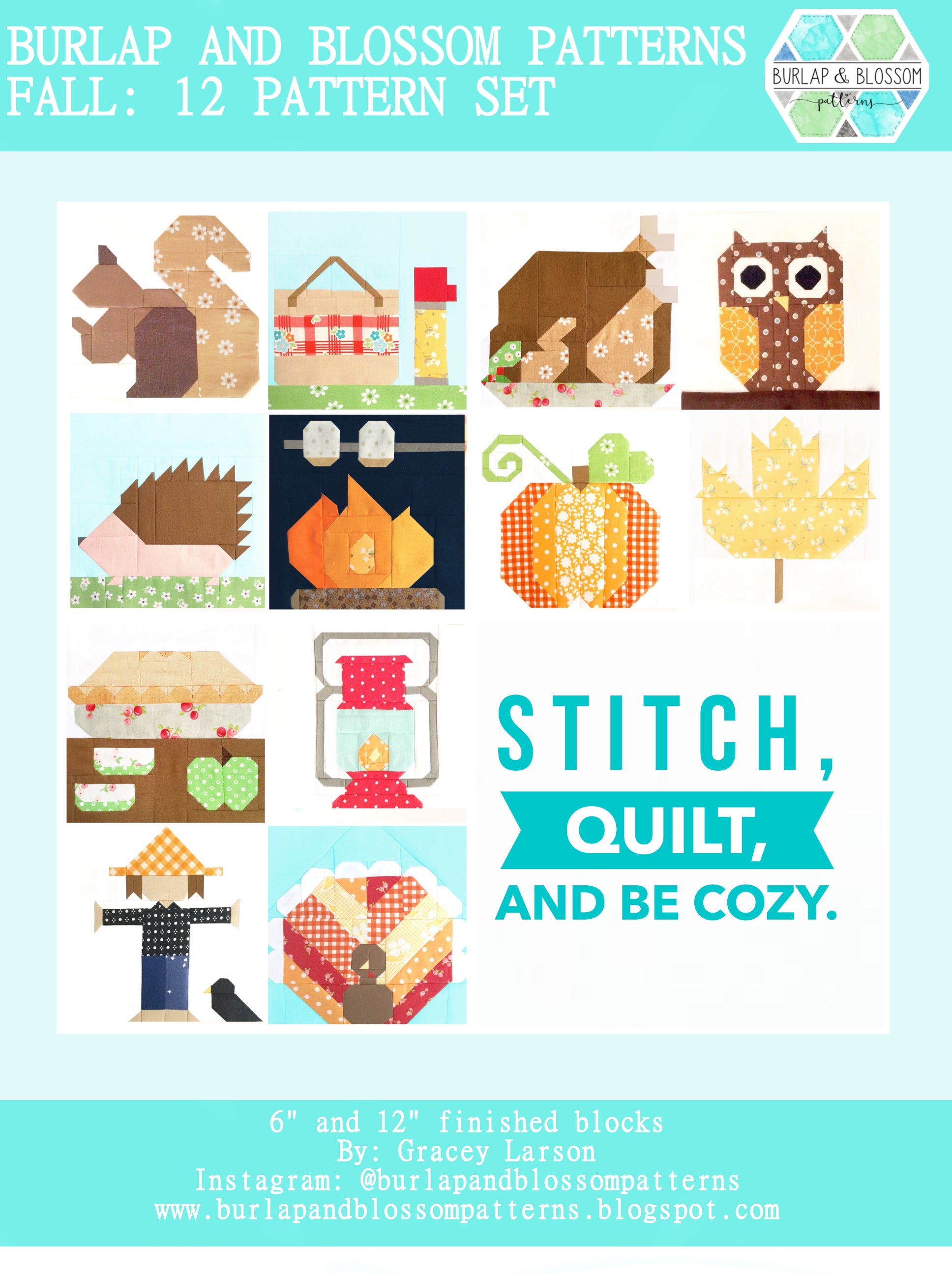 Pattern SET, Autumn Fall Cozy Themed Quilt Blocks by Burlap and Blossom (digital download)