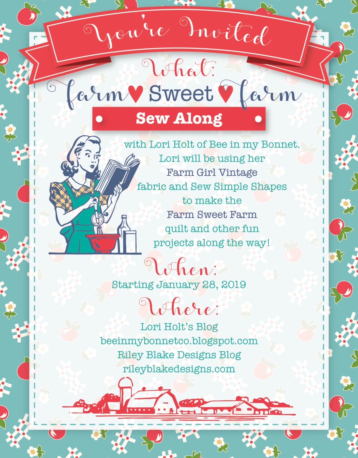 Quilt Kit, "FARM SWEET FARM" Fabric Collection + Applique Templates & Ric Rac - by Lori Holt for Riley Blake