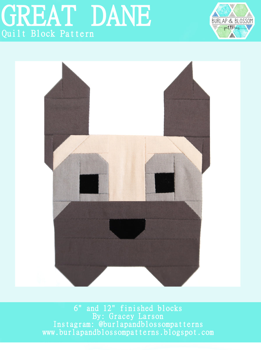 Pattern, Great Dane Dog Quilt Block by Burlap and Blossom (digital dow