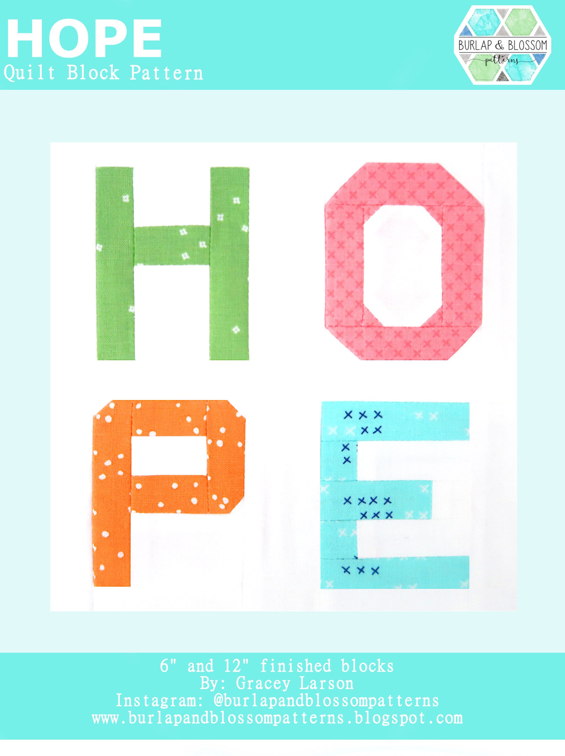 Pattern, HOPE Quilt Block by Burlap and Blossom (digital download)