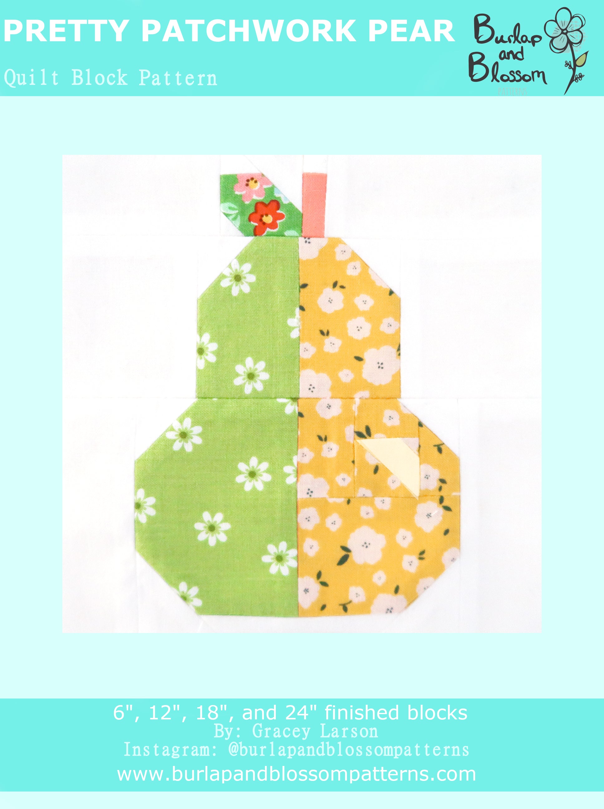Pattern, Pretty Patchwork Pear Quilt Block by Burlap and Blossom (digital download)