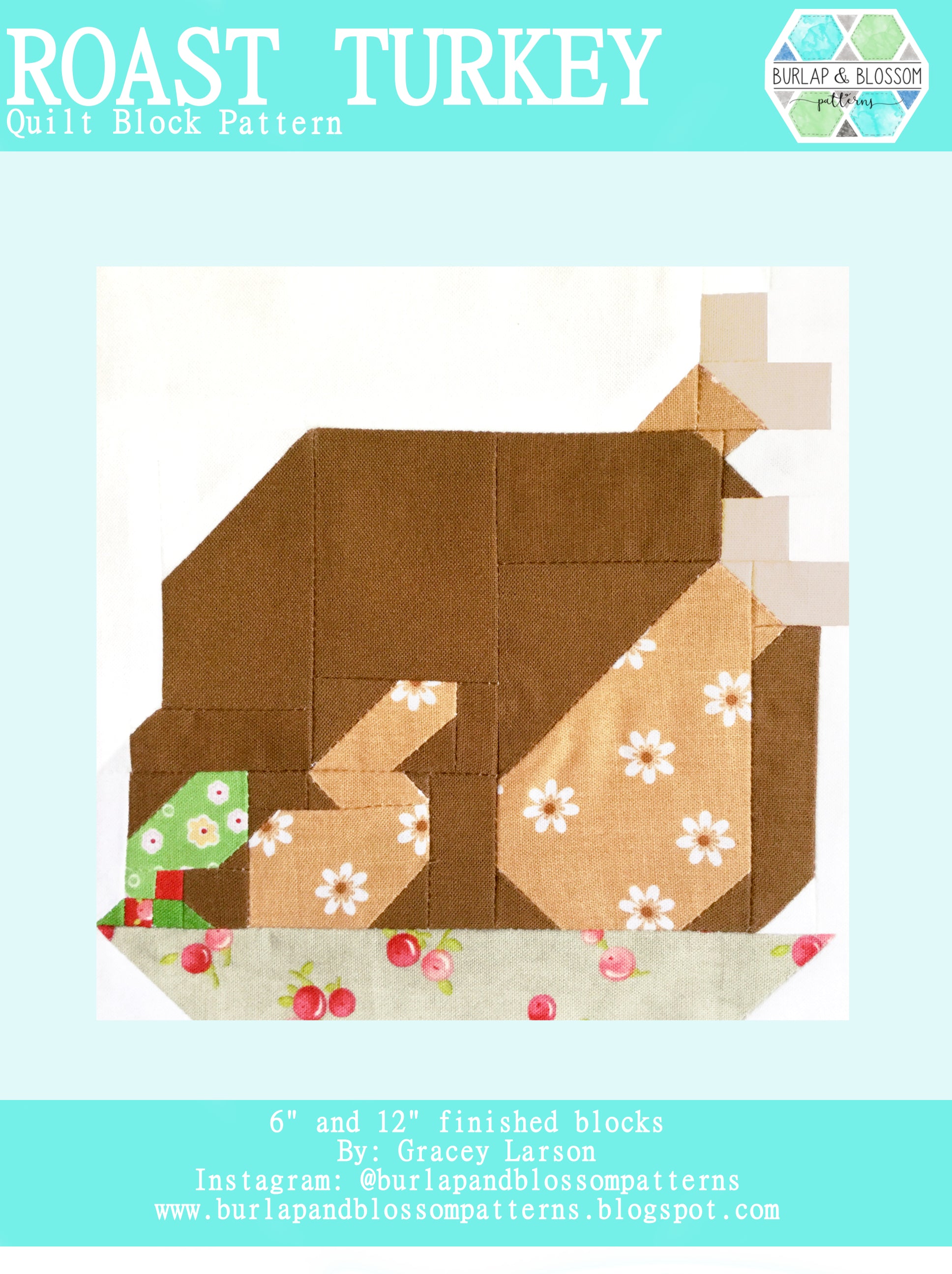 roast turkey pattern, roast turkey quilt blockburlap and blossom (digital