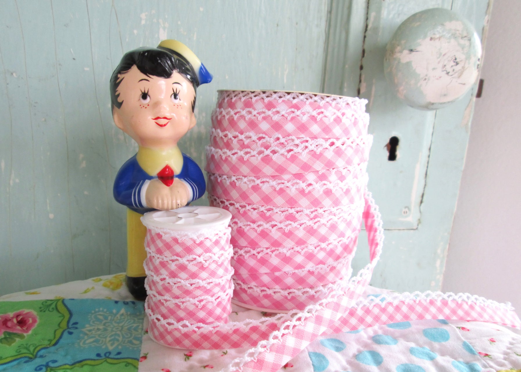 LACE BIAS TAPE, PINK GINGHAM Double Fold Crochet Edge (by the yard)