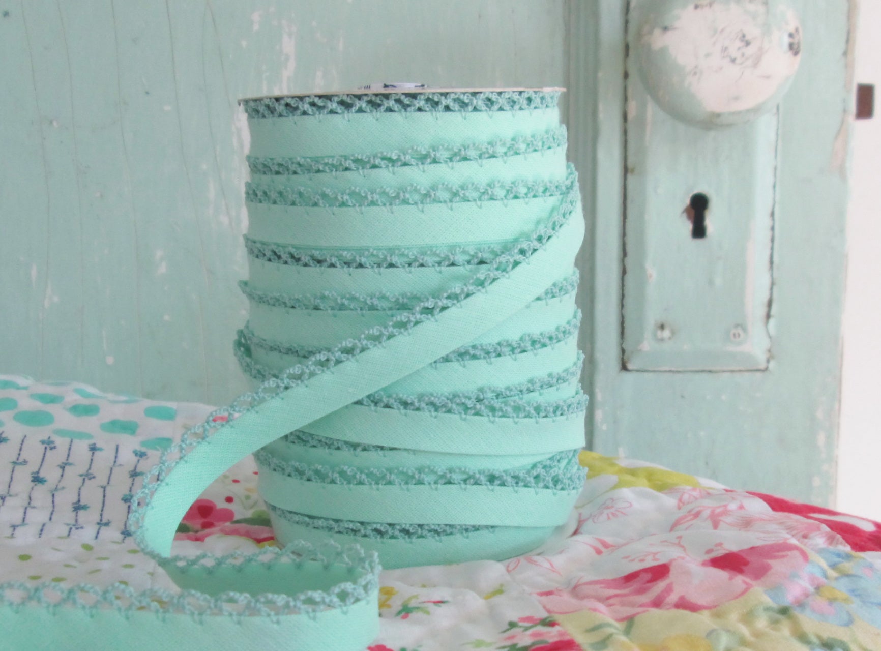 LACE BIAS TAPE, MERMAID AQUA Double Fold Crochet Edge (by the yard)
