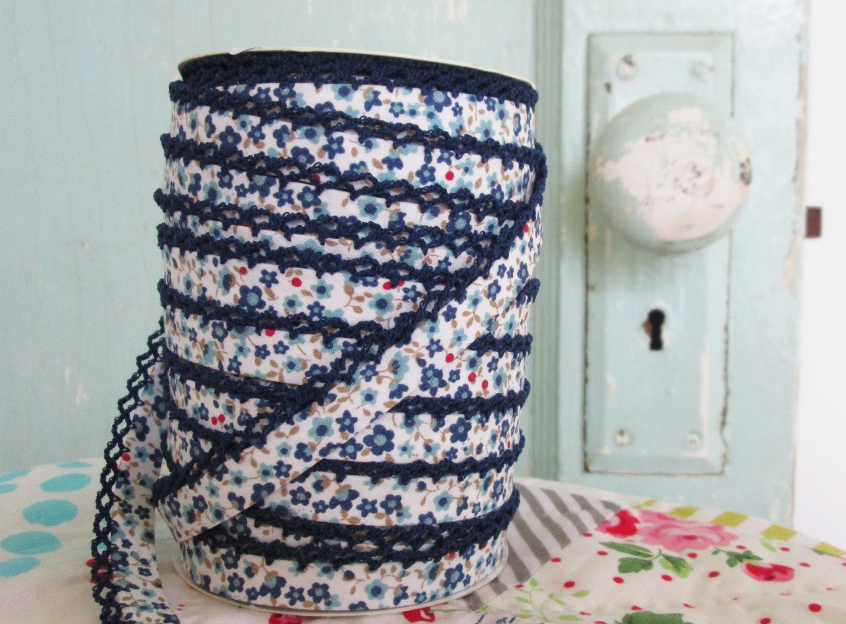 LACE BIAS TAPE, WOODLAND NAVY Double Fold Crochet Edge (by the yard)