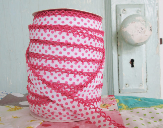 LACE BIAS TAPE, FUCHSIA DOTS ON WHITE Double Fold Crochet Edge (by the yard)