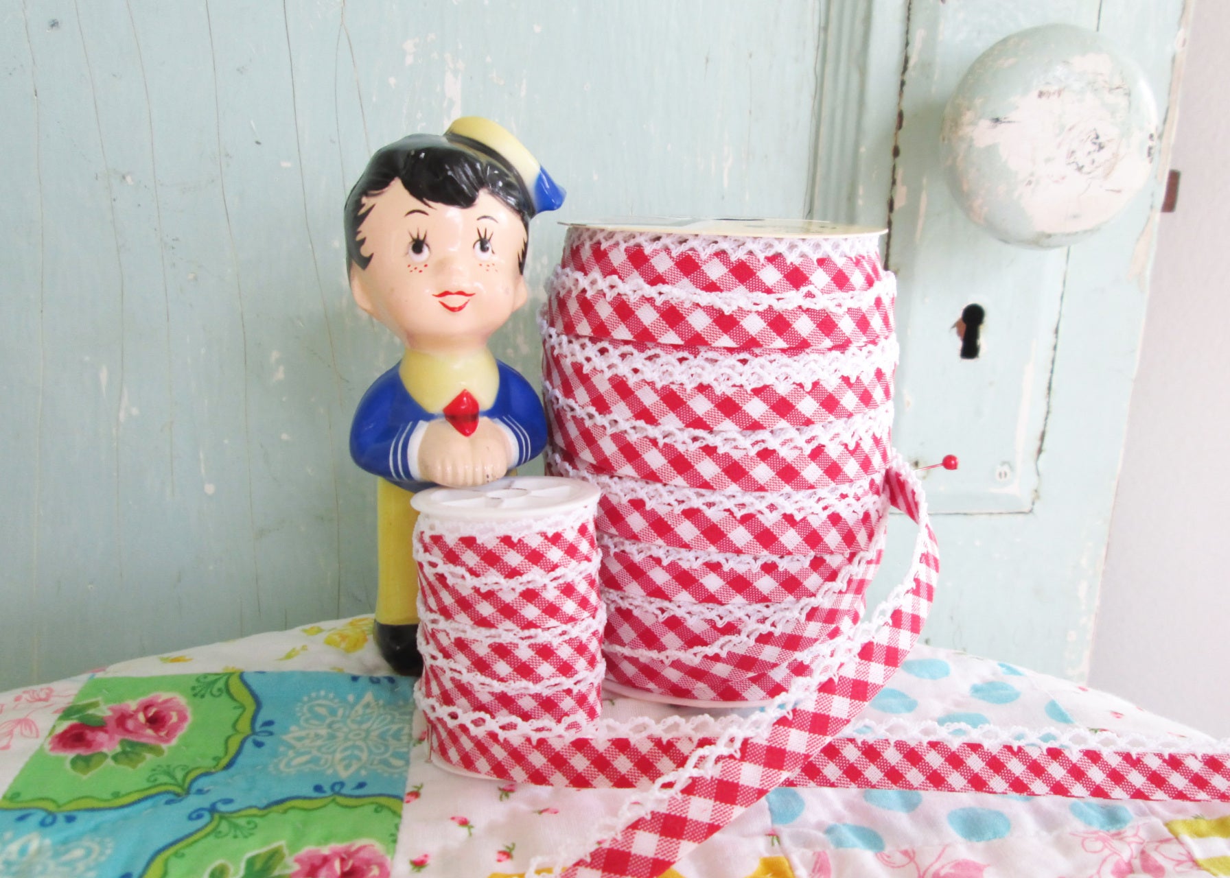 LACE BIAS TAPE, RED GINGHAM Double Fold Crochet Edge (by the yard)