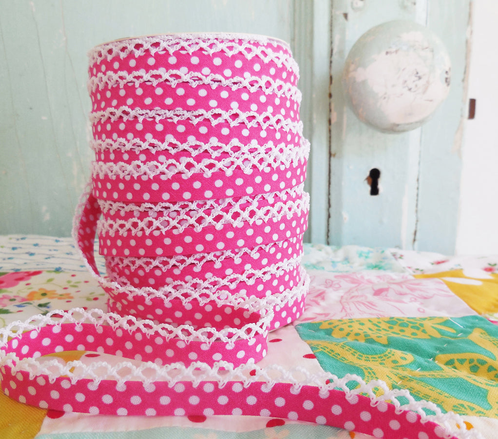 LACE BIAS TAPE, FUCHSIA POLKA DOT Double Fold Crochet Edge (by the yard)