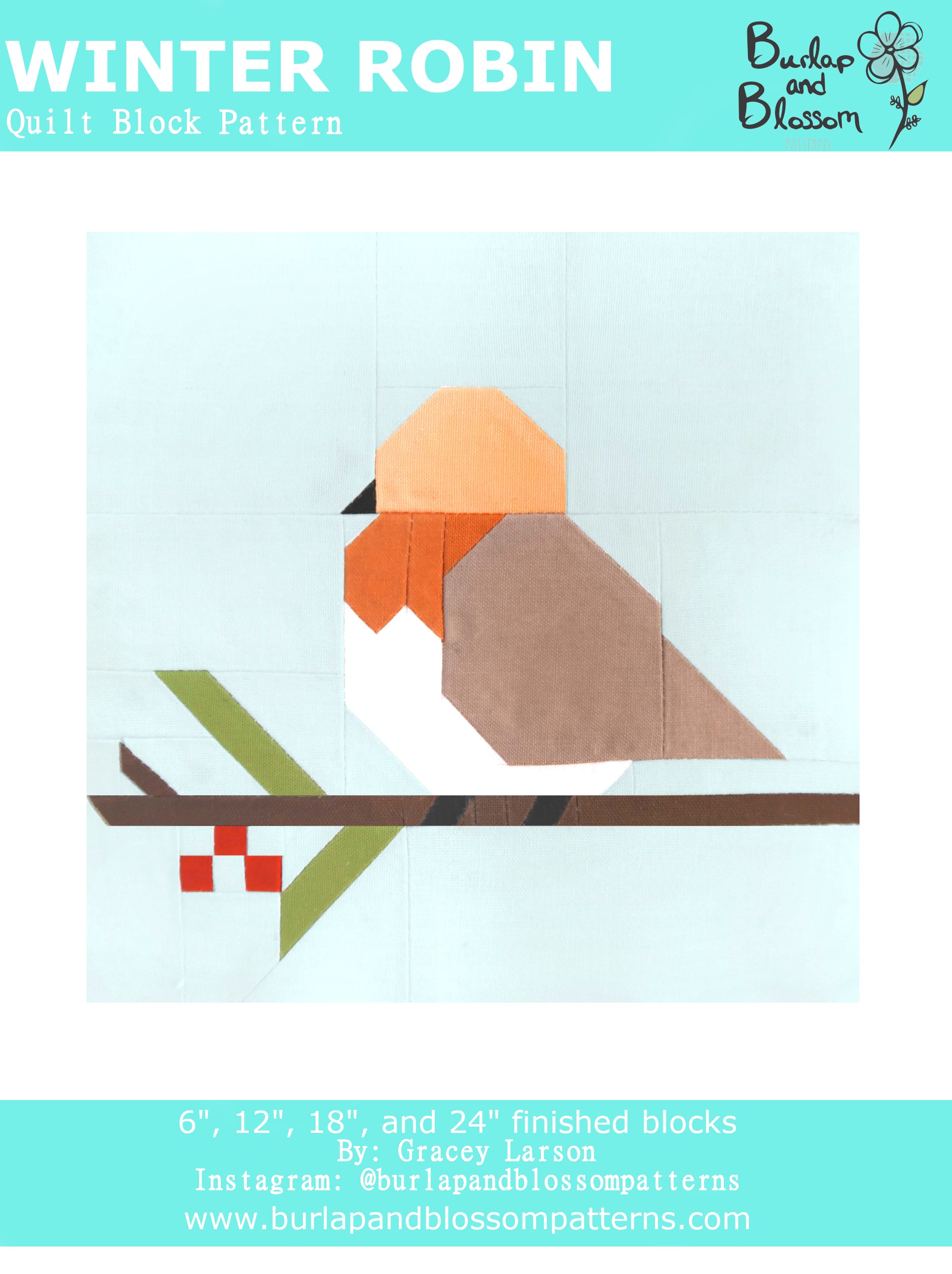 Pattern, Winter Robin Quilt Block by Burlap and Blossom (digital download)
