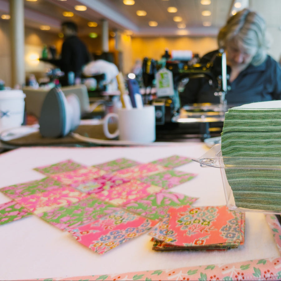 A pink quilt block in progress