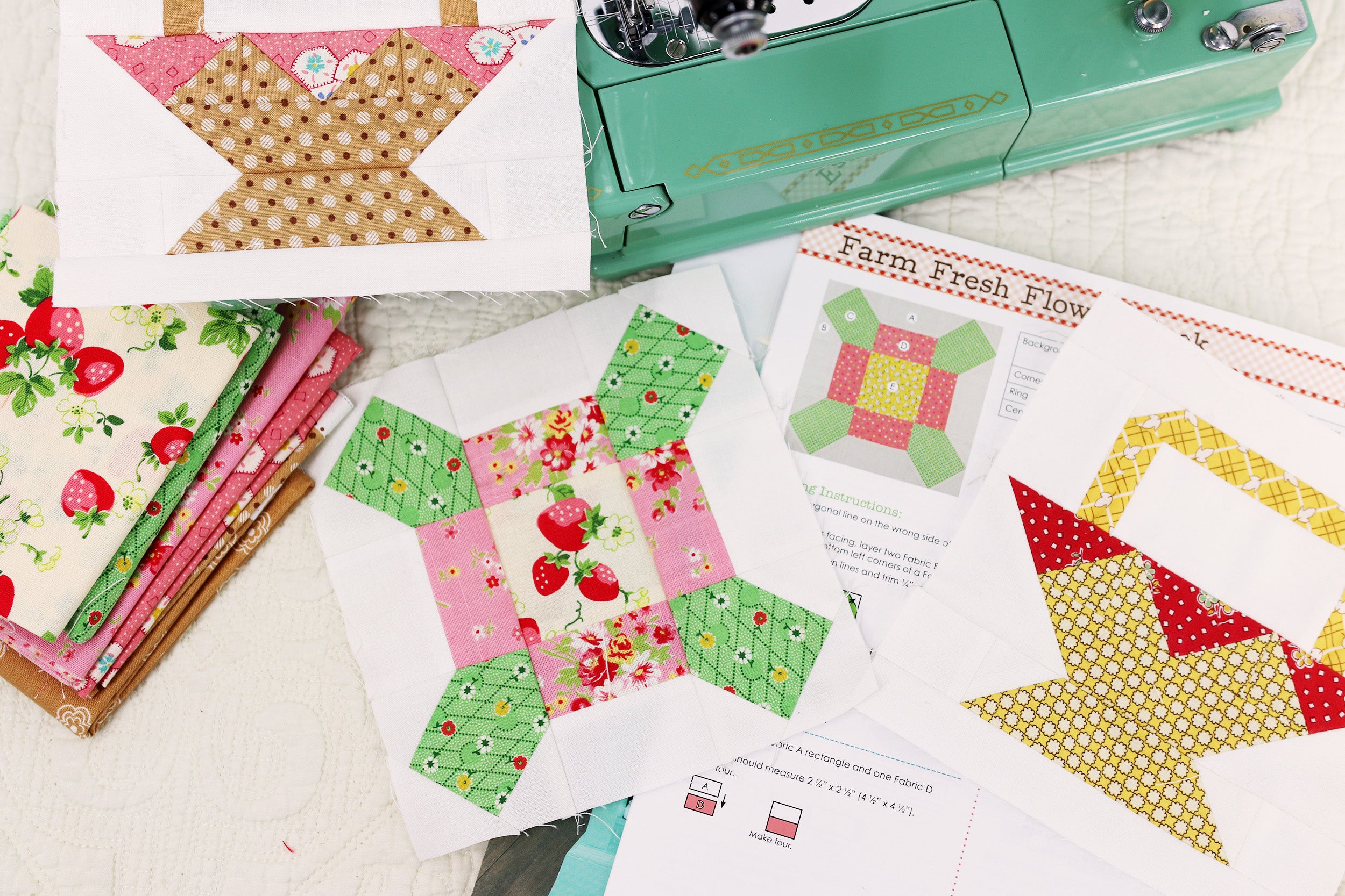 Farm Girl Vintage Quilt & Featherweight Shop Sew Along - Blocks 13 & 14 (Egg Basket & Farm Fresh Flower)