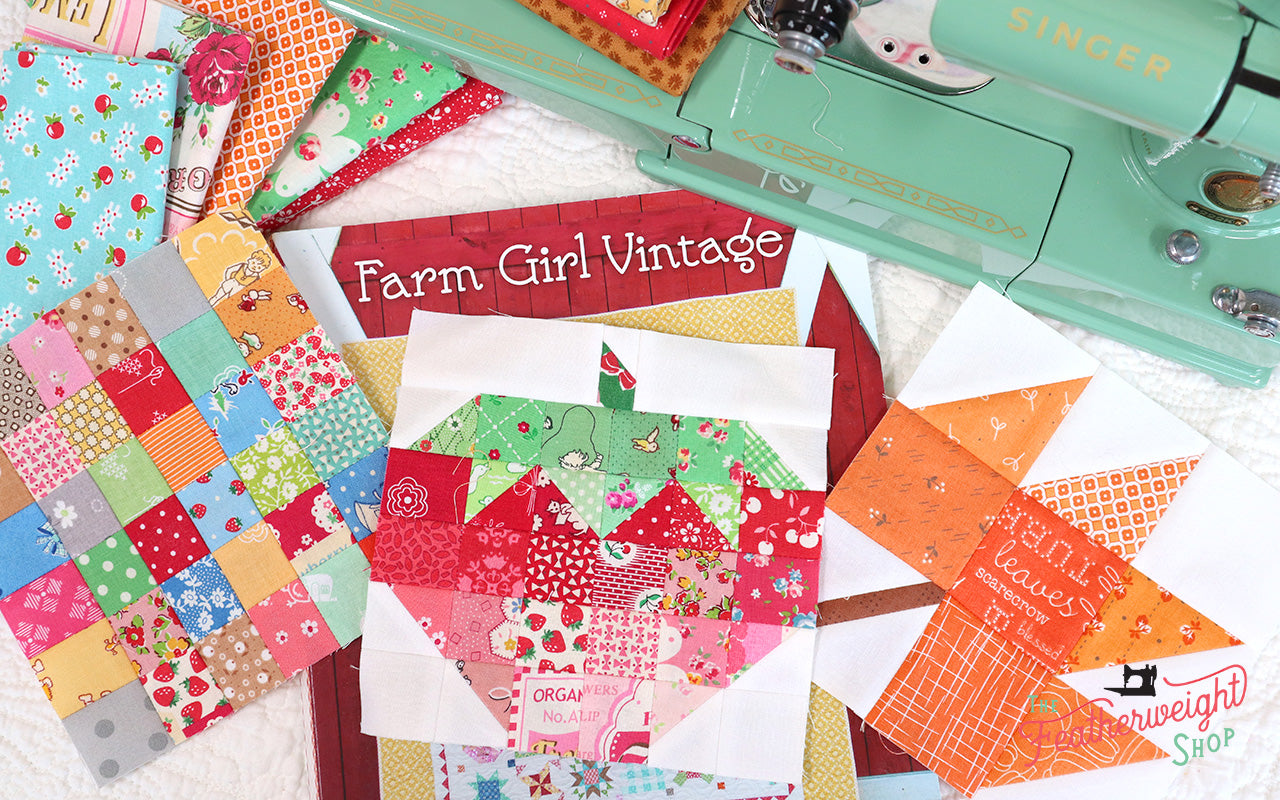 Blocks 33, 34, & 35 (Postage Stamp, Scrappy Maple, & Scrappy Strawberry) - Farm Girl Vintage Quilt & Featherweight Shop Sew Along