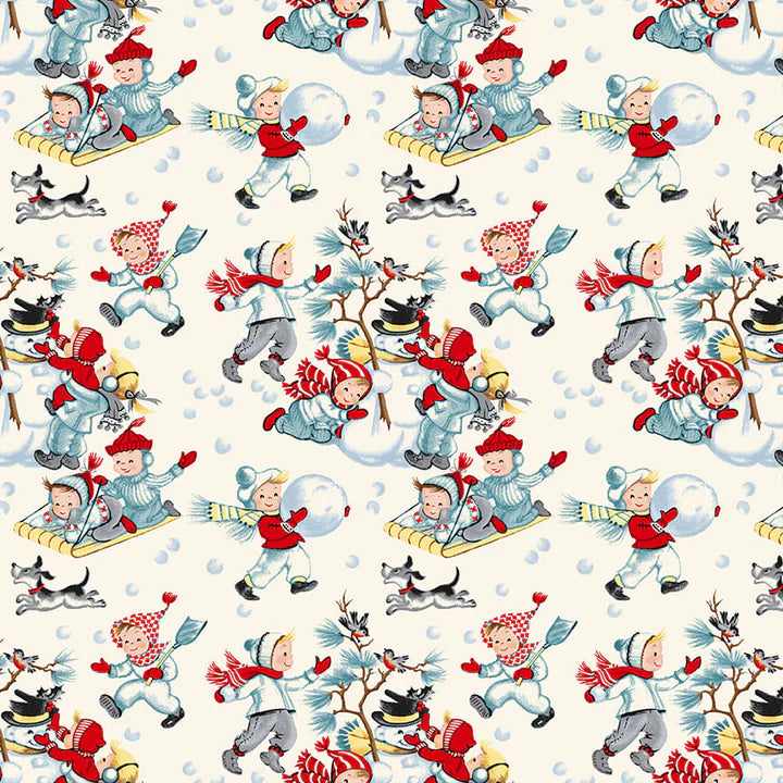 Fabric, Winter in Snowtown by Buttermilk Basin - Children Snowball Fight (by the yard)