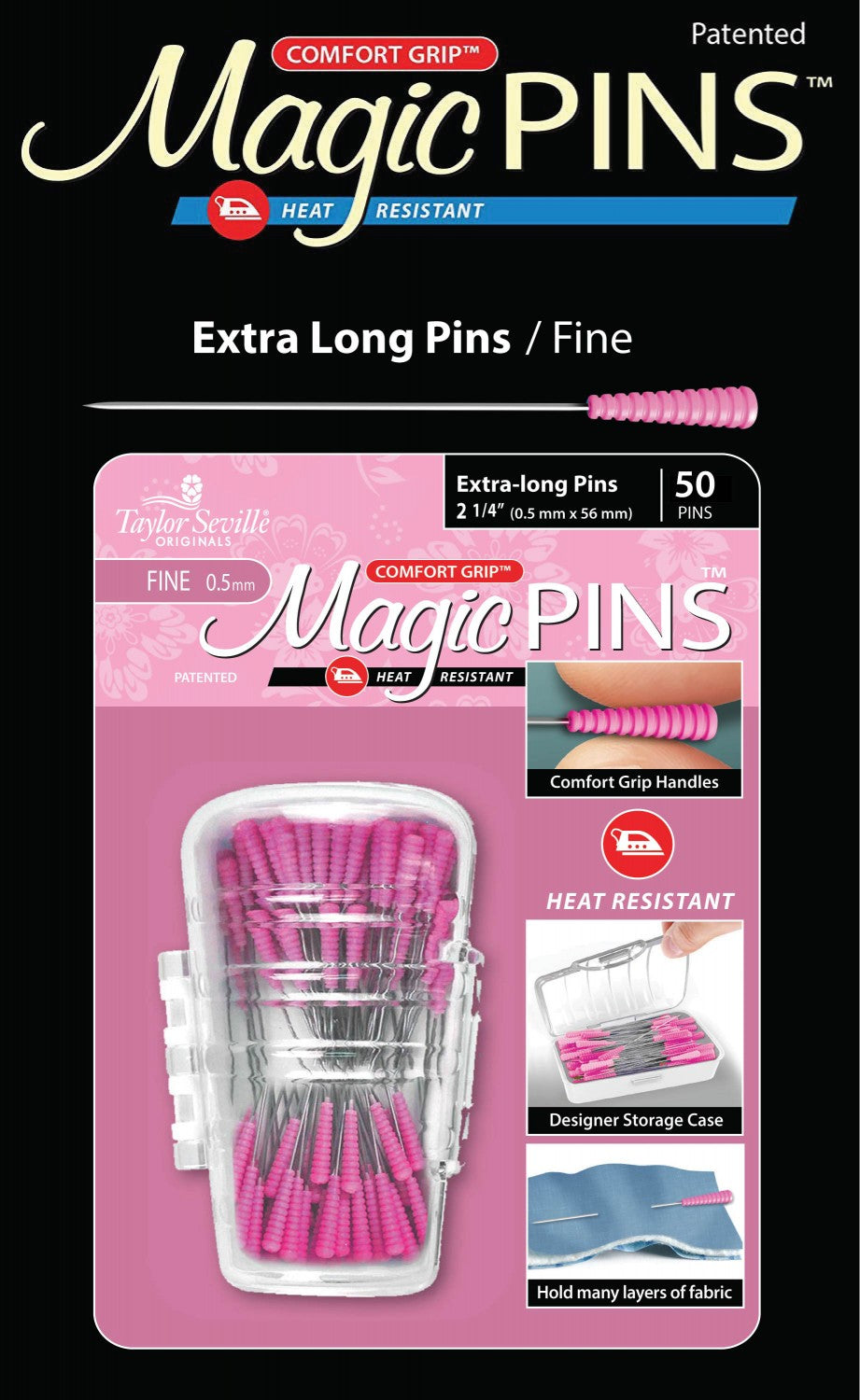 Magic Pins, 50 EXTRA LONG Comfort Grip & Heat Resistant - Fine Pink