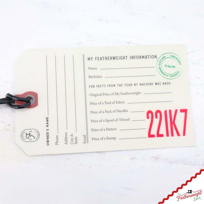 221K7 (WHITE) Luggage & I.D. Tag for Singer Featherweight