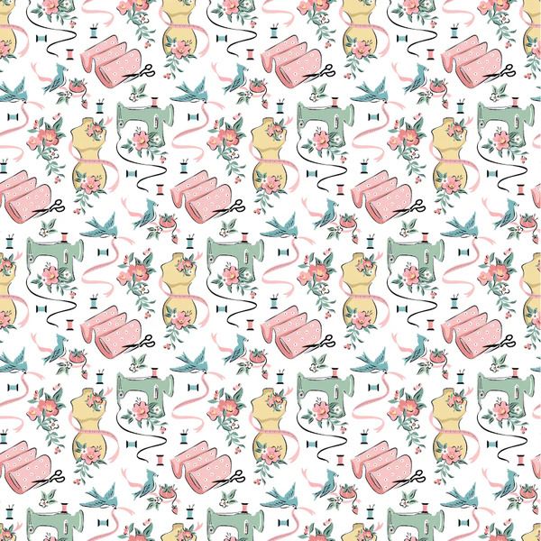 Fabric, Poppie Cotton Granny's Sewing Room - Sewing Room WHITE (by the yard)