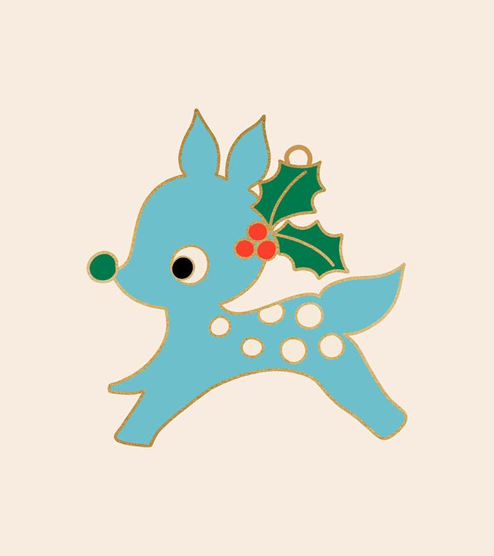 Little blue deer with holly ornament by Ruby Star Society