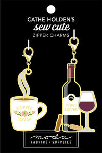 Coffee and wine zipper pull charms with clasps