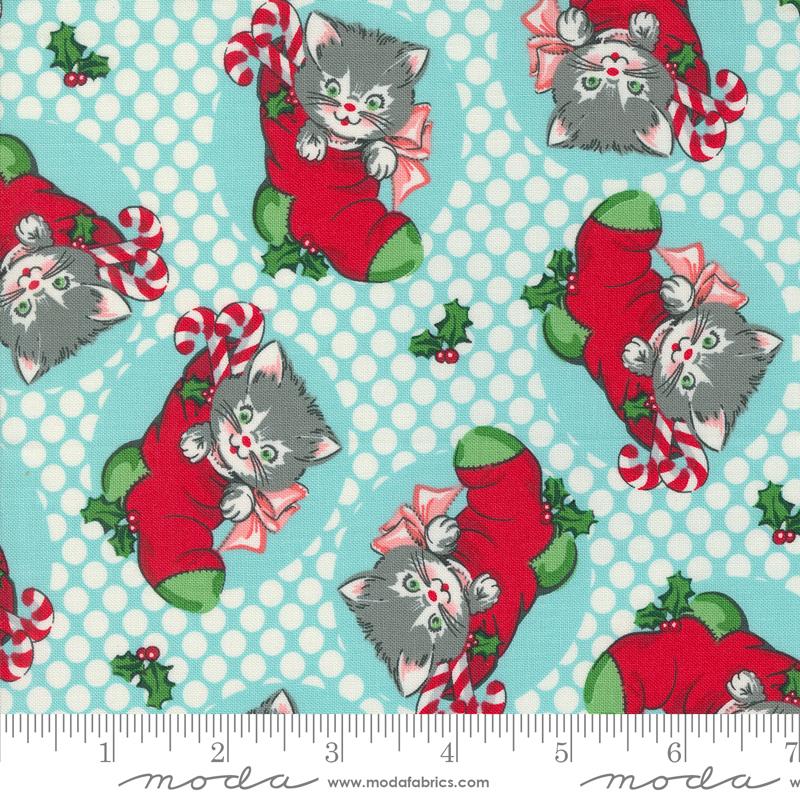 Fabric, Kitty Christmas Stockings & Dots by Urban Chiks - Icicle BLUE (by the yard)