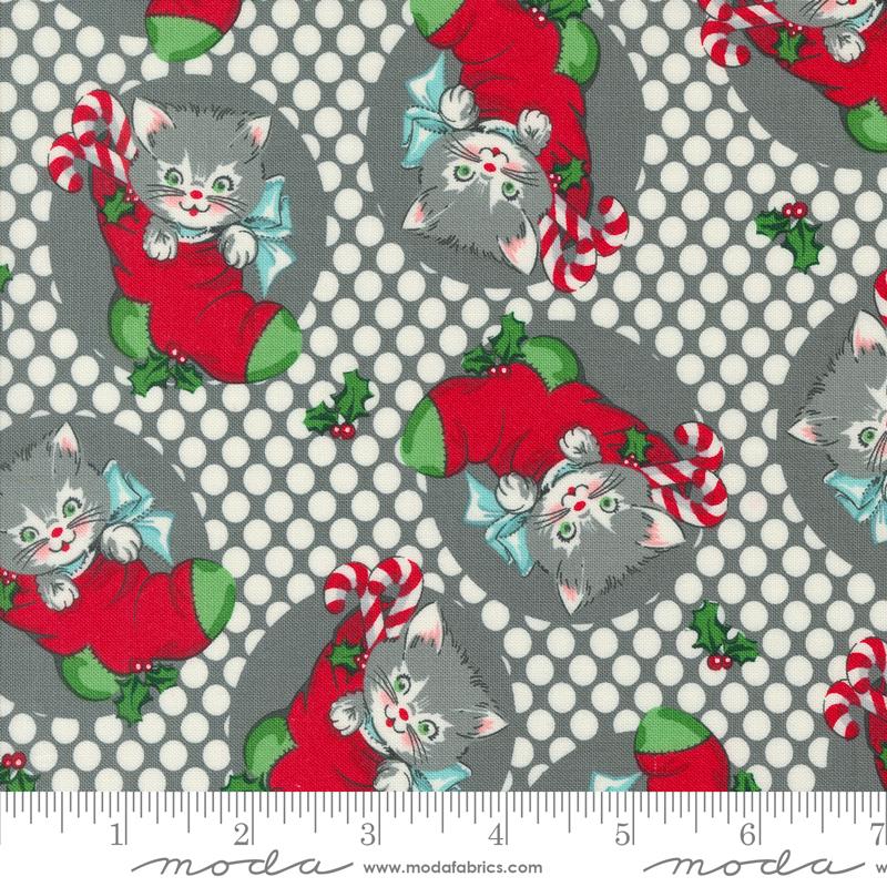 Fabric, Kitty Christmas Stockings & Dots by Urban Chiks - Grey COAL (by the yard)