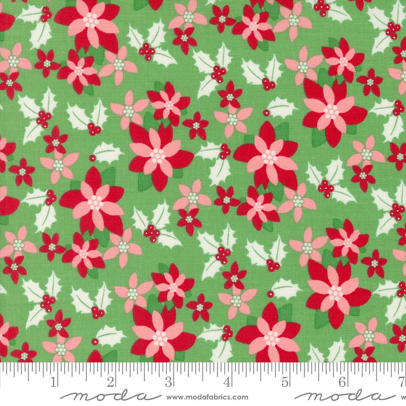 Fabric, Kitty Christmas Poinsettia by Urban Chiks - Green HOLLY (by the yard)