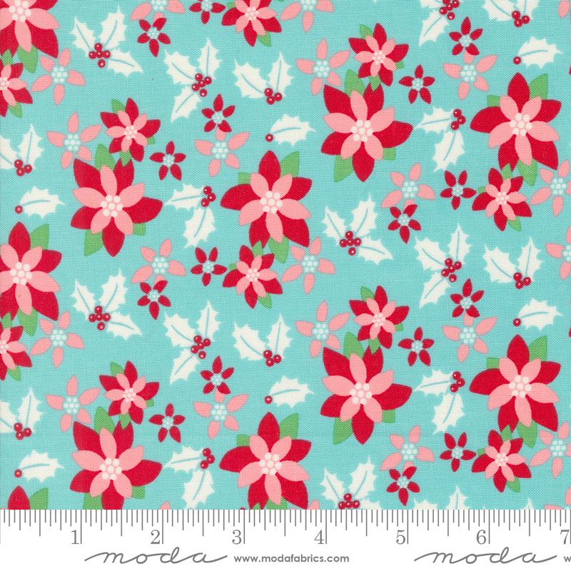 Fabric, Kitty Christmas Poinsettia by Urban Chiks - Blue ICICLE (by the yard)