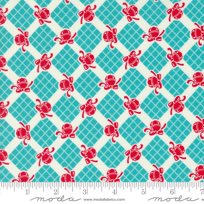 Fabric, Kitty Christmas Jingle Bells, Checks & Plaids by Urban Chiks - Teal FROST (by the yard)