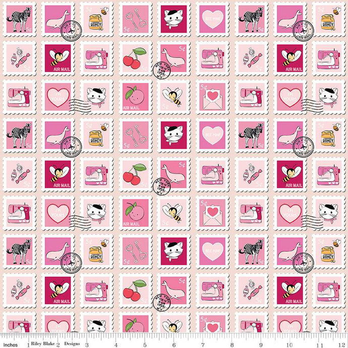 Fabric, Mint For You Valentine Postage Stamps BLUSH PINK - (by the yard)