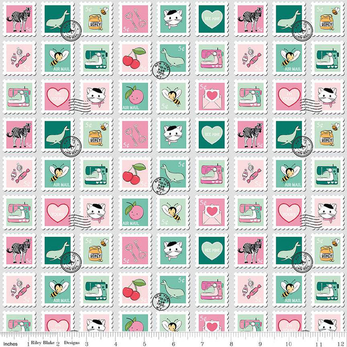 Fabric, Mint For You Valentine Postage Stamps GRAY - (by the yard)