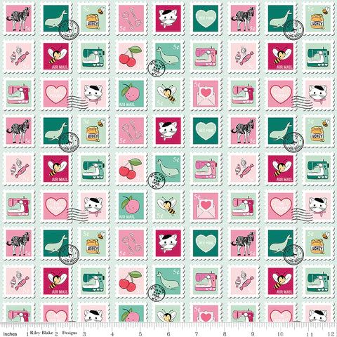 Fabric, Mint For You Valentine Postage Stamps MINT - (by the yard)
