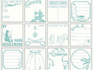 Load image into Gallery viewer, Fabric, Quilt Labels ~ Old-Fashioned Antique Sewing AQUA BLUE (by the yard)