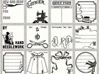 Load image into Gallery viewer, Fabric, Quilt Labels ~ Old-Fashioned Antique Sewing BLACK (by the yard)