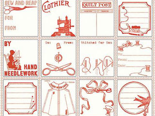 Load image into Gallery viewer, Fabric, Quilt Labels ~ Old-Fashioned Antique Sewing RED (by the yard)