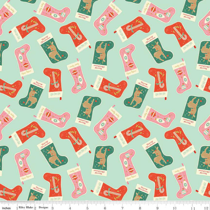 Fabric, Holiday Cheer STOCKINGS MINT (by the yard)
