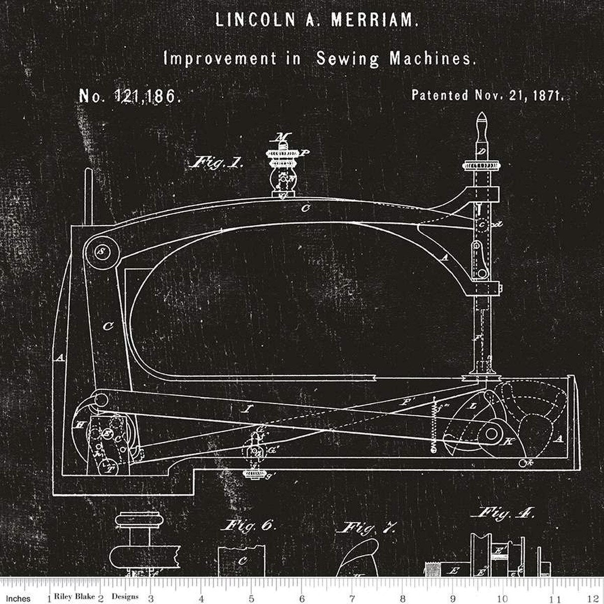 Fabric, Sewing Machine Patent Drawings - Sew Journal White on BLACK - (by the yard)