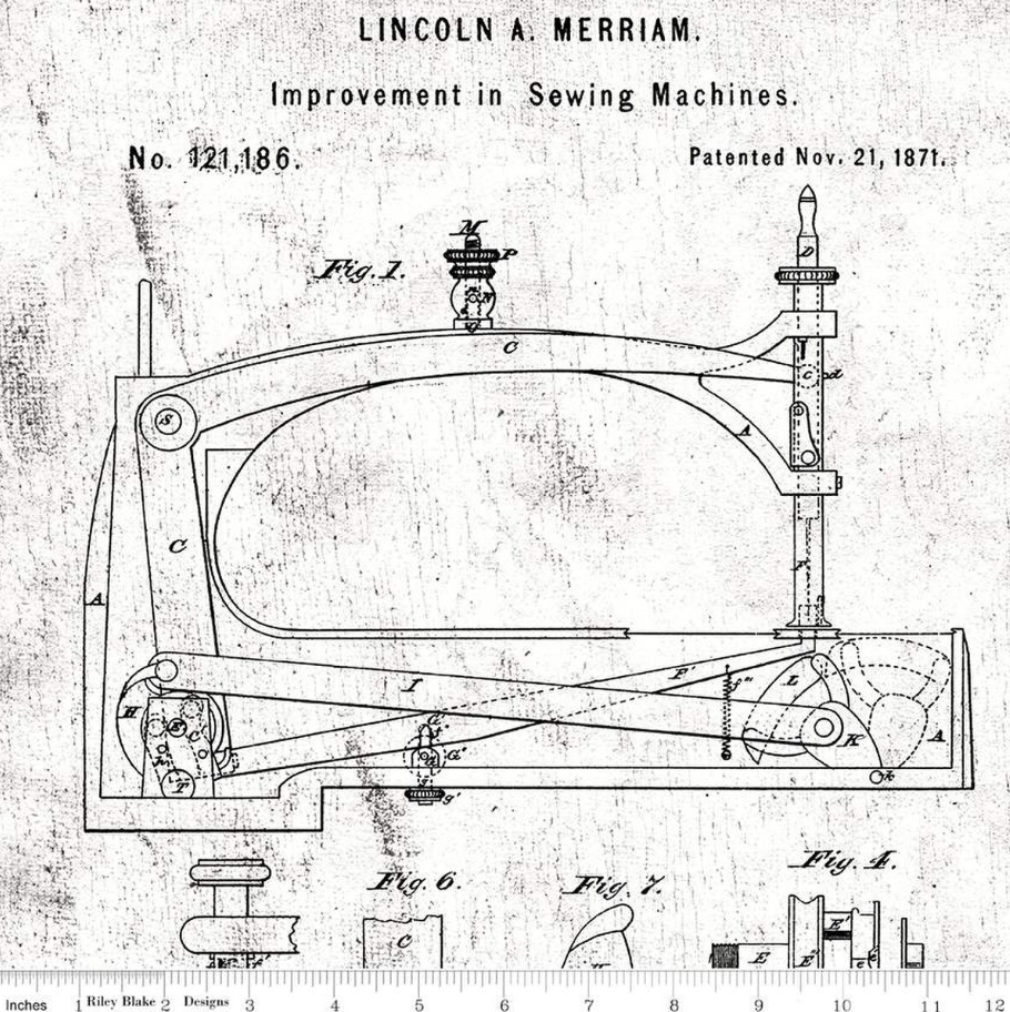 Fabric, Sewing Machine Patent Drawings - Sew Journal Black on WHITE - (by the yard)