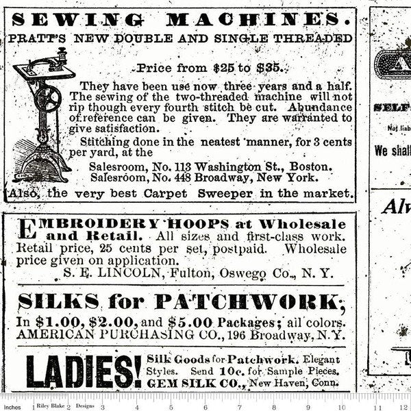 Fabric, Sewing Machine Newspaper Ads - Sew Journal Black on WHITE - (by the yard)