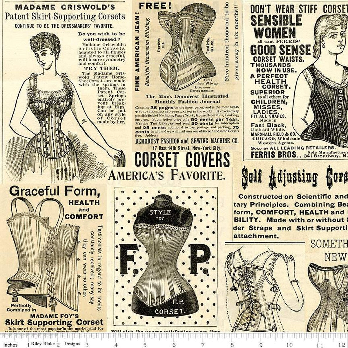 Fabric, Vintage Sewing & Corset Ads - Sew Journal Black on PARCHMENT - (by the yard)